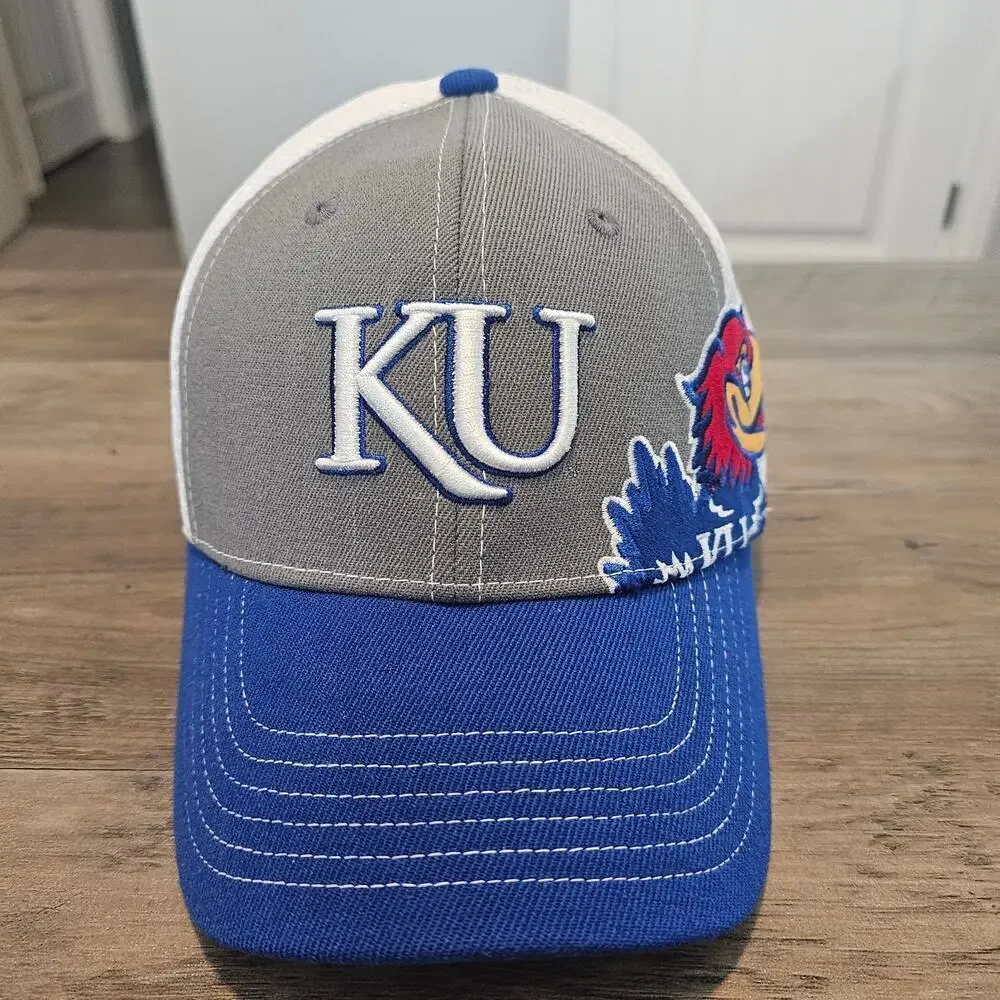 Vintage Kansas University Jayhawks Fitted Hat Cap 90s KU Blue Gray NCAA Retro